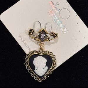 NWT Heart Cameo Drop Brooch Romantic Victorian Style Filigree Pin Purple